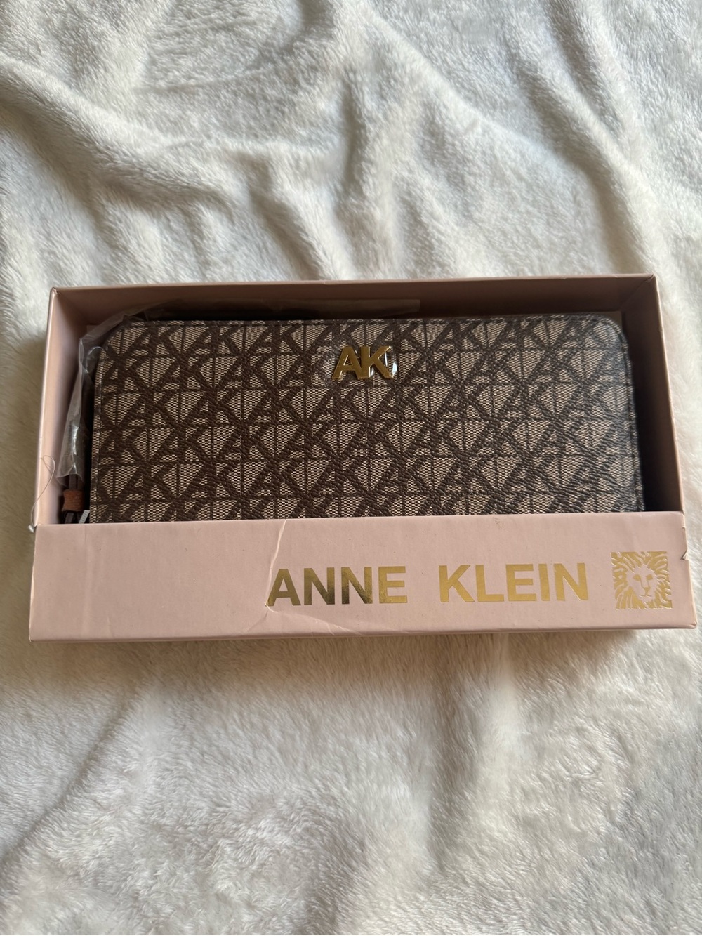 Anne Klein Brown Monogram Zip Wallet with Gold Logo